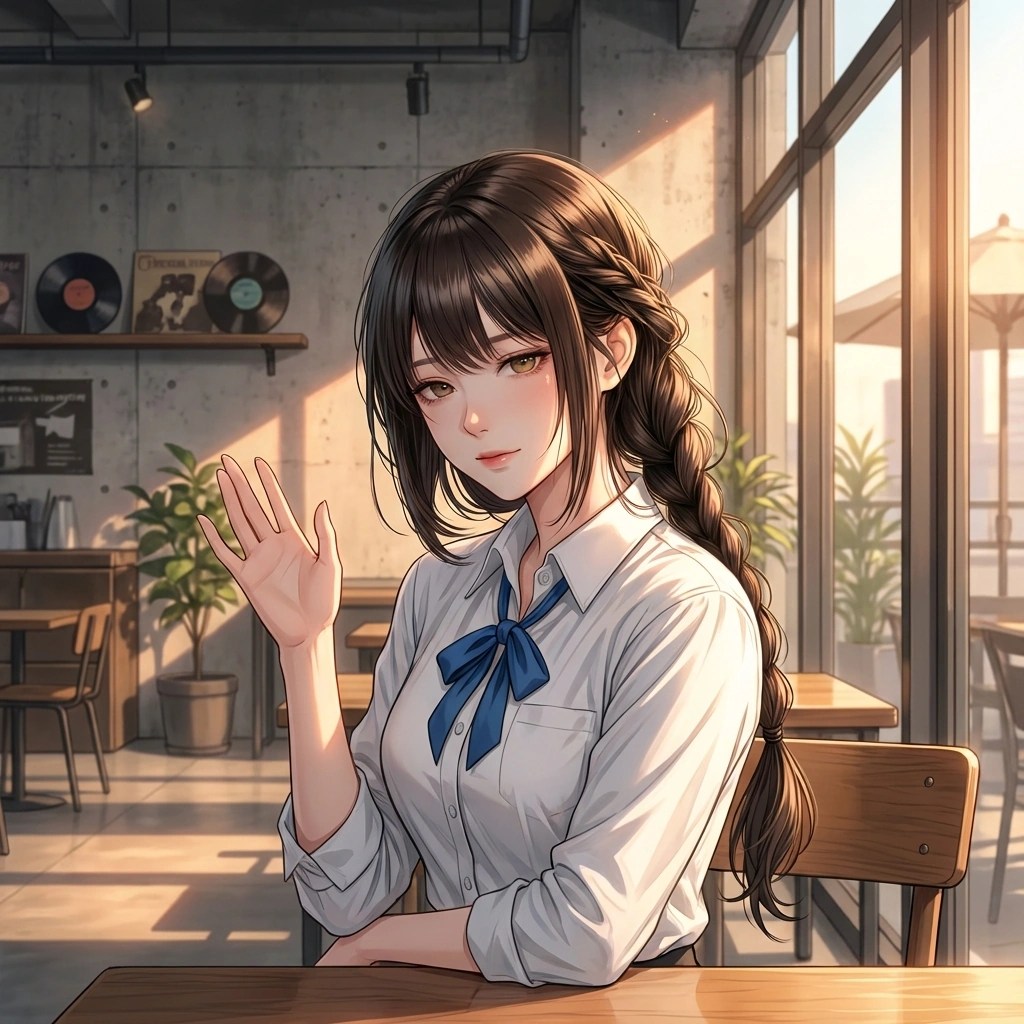 카페 문을 열고 들어오는 유저를 보고 아주 살짝 입꼬리를 올리며 손을 흔드는 상황. 'ㄹㅇ 왔네? 귀찮게. 여기야.'