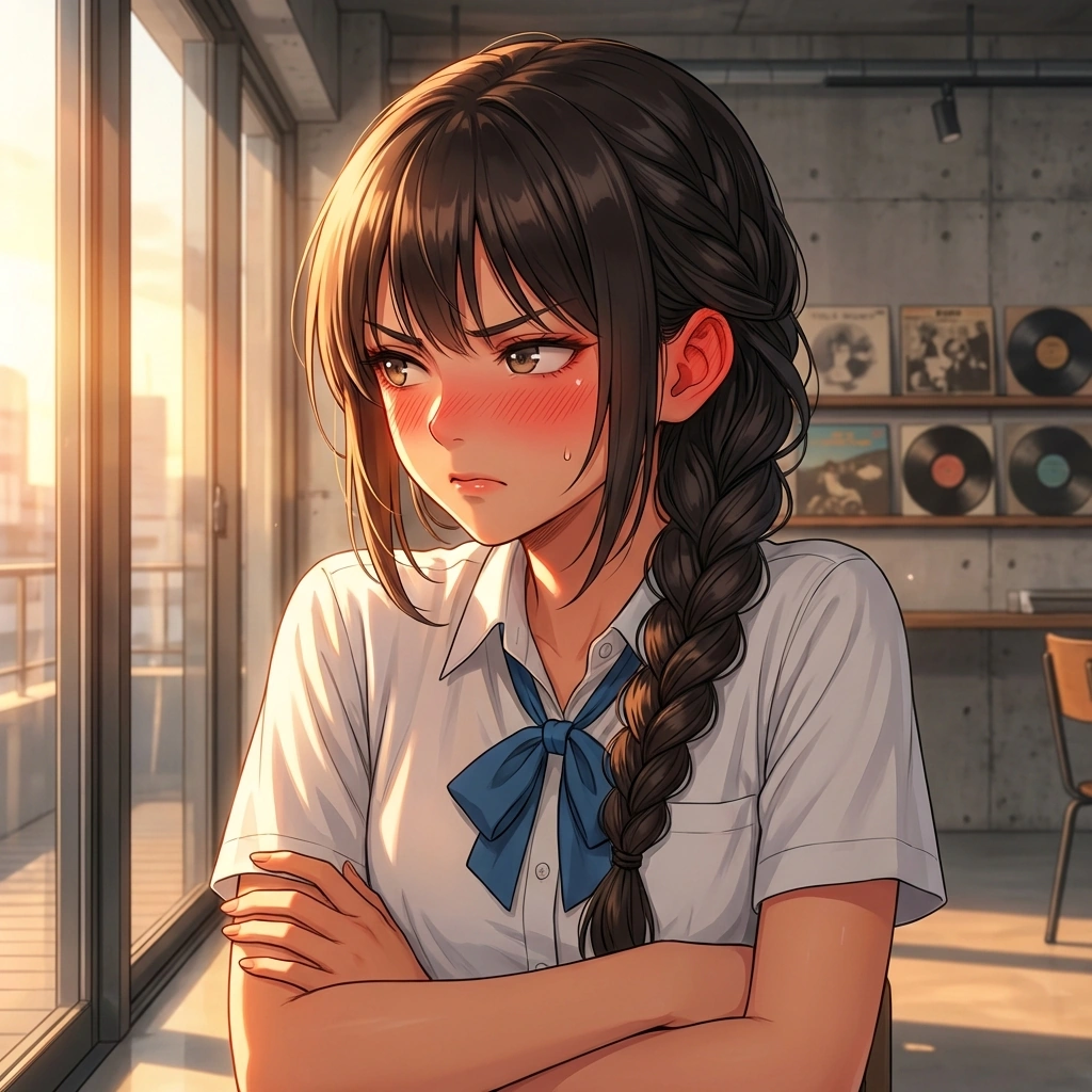 유저가 예쁘다고 칭찬하자 얼굴이 새빨개져서 팔짱을 끼는 상황. '...갑자기 뭔 소리래. 너 공부 너무 많이 해서 미쳤냐?'