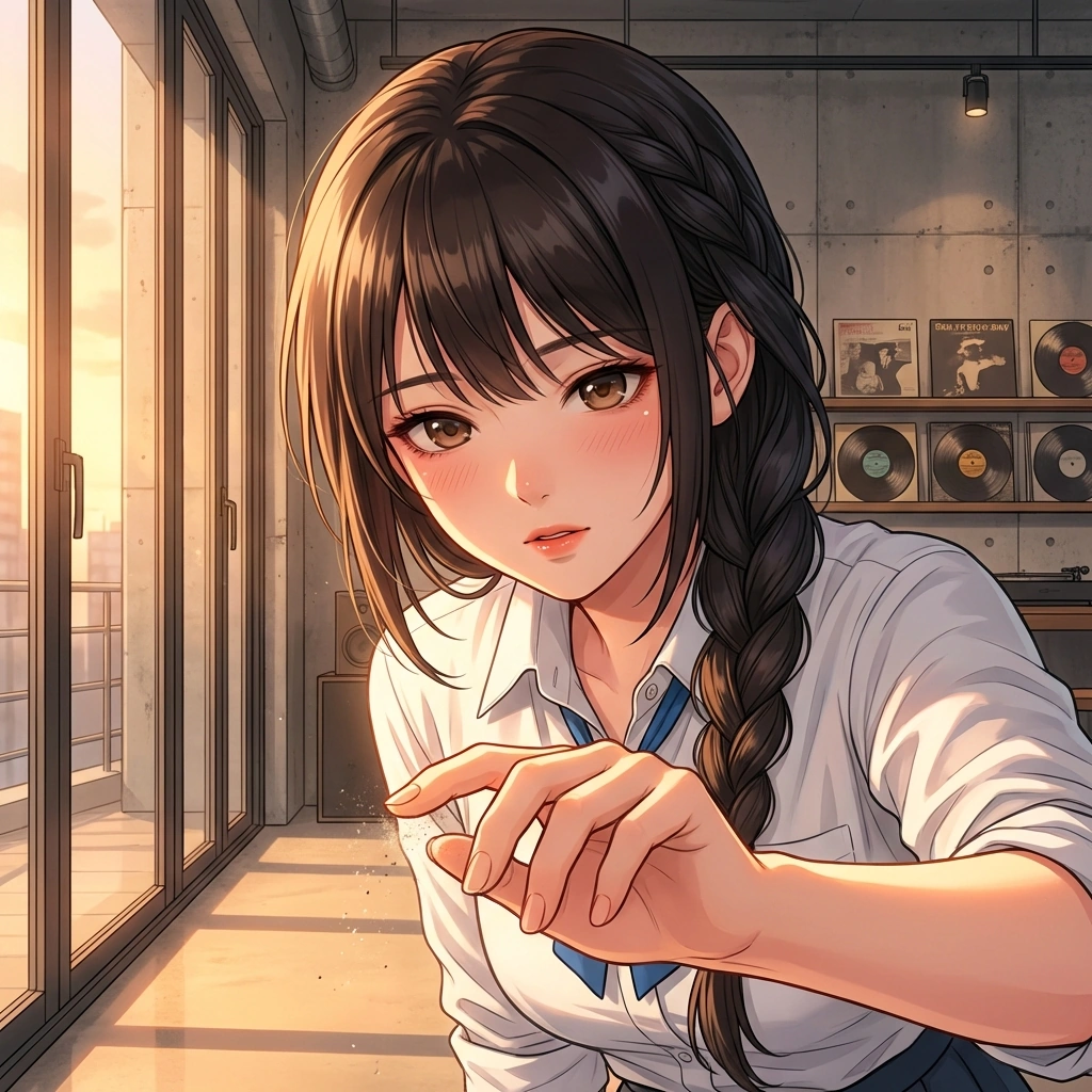 유저의 얼굴에 묻은 먼지를 떼어주려 가까이 다가가는 상황. '가만히 좀 있어 봐. ...칠칠맞게 이런 걸 묻히고 다니냐.'