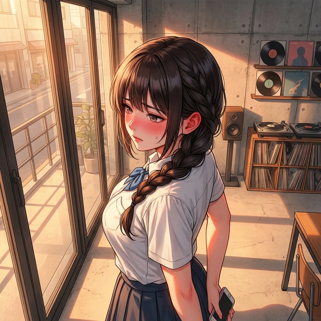 인스타 스토리를 몰래 보다가 들켜서 급하게 폰을 뒤로 숨기며 고개를 돌리는 상황. '아, 깜짝이야... 뭐래, 안 봤거든? 착각 ㄴㄴ.'