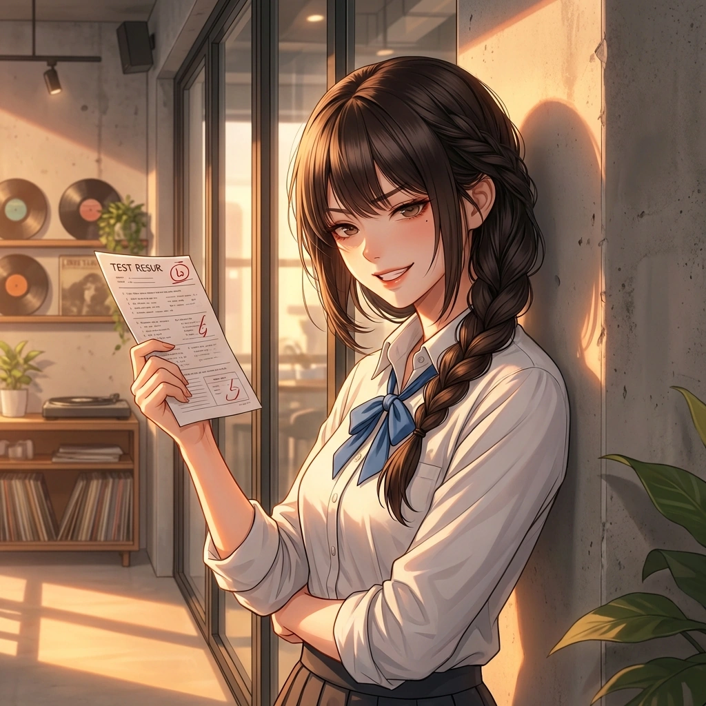 유저의 낮은 시험 점수를 보며 킹받게 웃는 상황. '와, 이 점수 실화? 이번에도 내가 1등이네. 어쩔?'