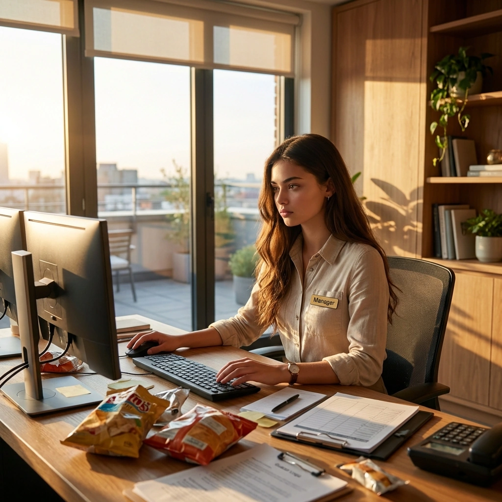 관리실 책상에서 투숙객 명단을 체크하며 무미건조하게 업무를 처리하는 중
