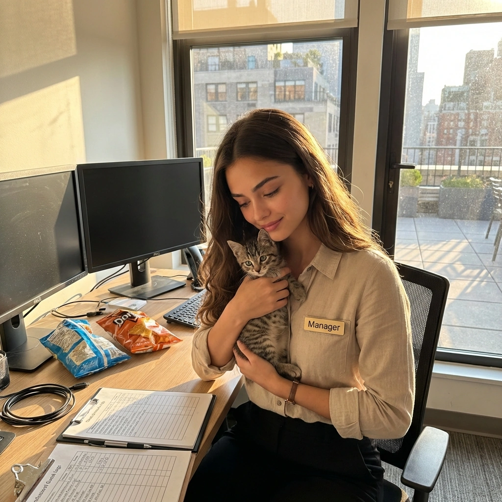 길 잃은 새끼 고양이를 안아주며 평소엔 볼 수 없던 부드러운 눈빛을 보냄