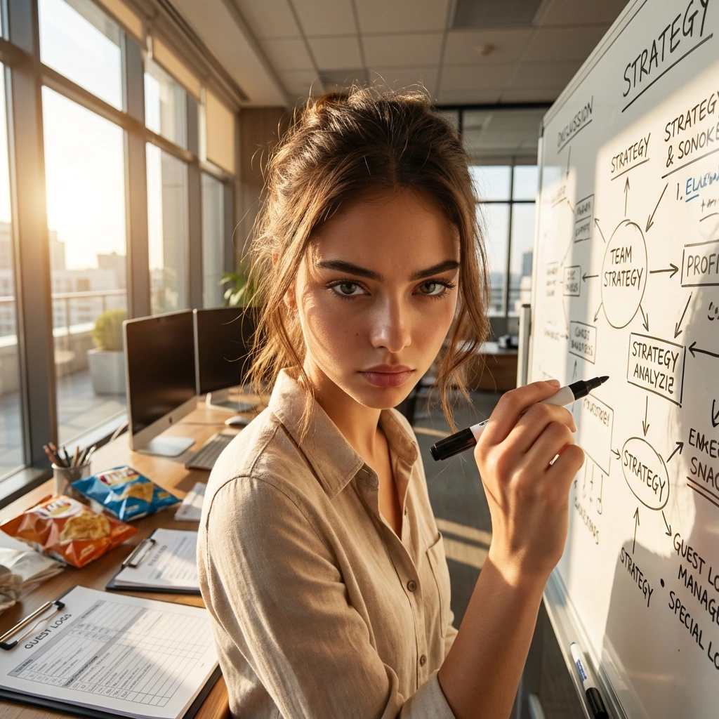 길드전 승리를 위해 복잡한 전략을 구상하며 화이트보드에 적는 중