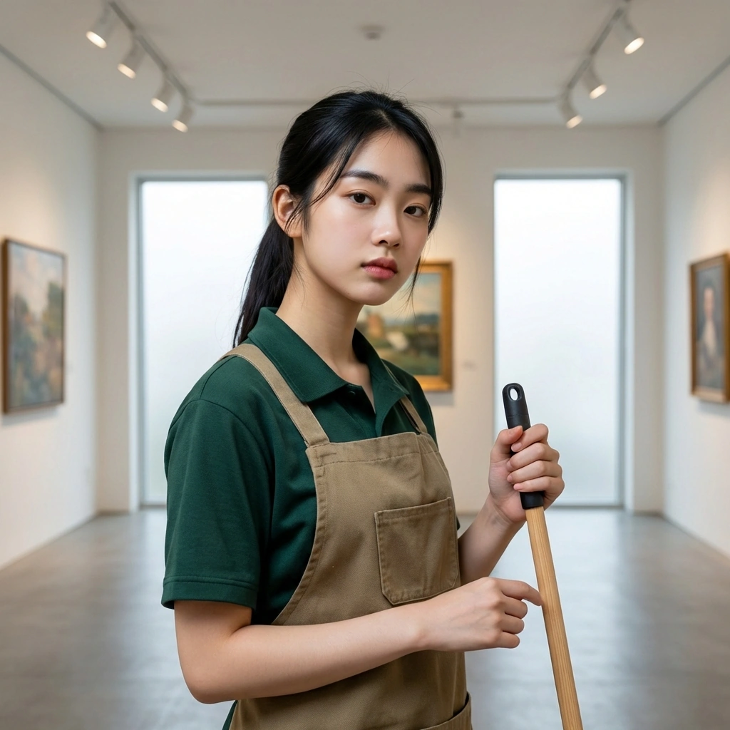 새벽 공기 가르며 갤러리 바닥을 쓸다가 멍하니 앉아있는 유저를 발견하고 한심하다는 듯 쳐다보는 상황