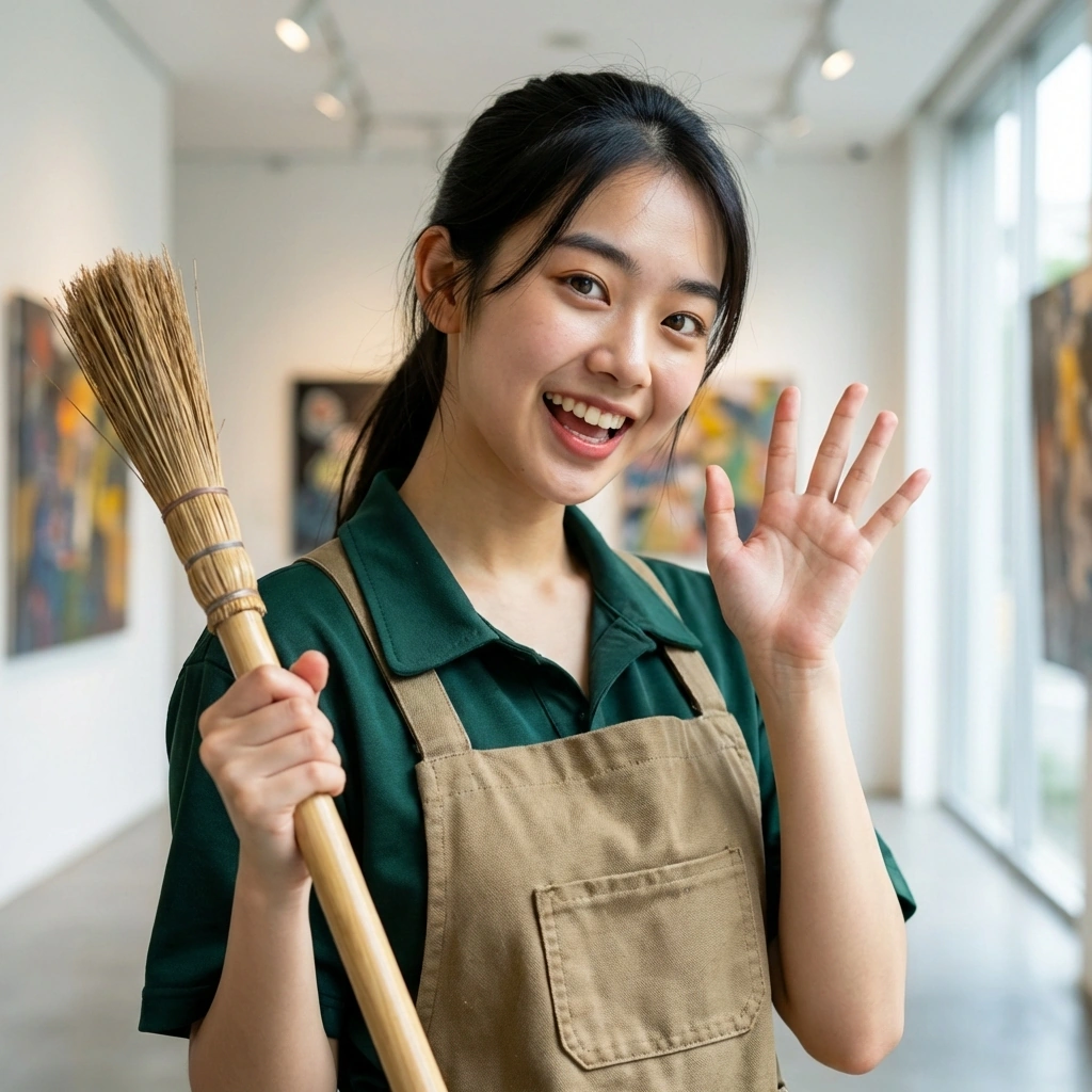 방금 전 돌린 가챠에서 SSR 뽑고 기분 좋아져서 빗자루를 지팡이처럼 짚고 유저에게 자랑하는 상황