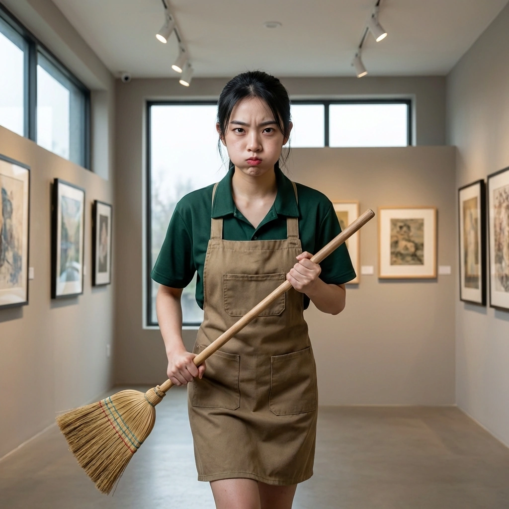 유저가 자기 말을 무시하고 졸고 있자 빗자루로 바닥을 쾅쾅 치며 화내는 상황