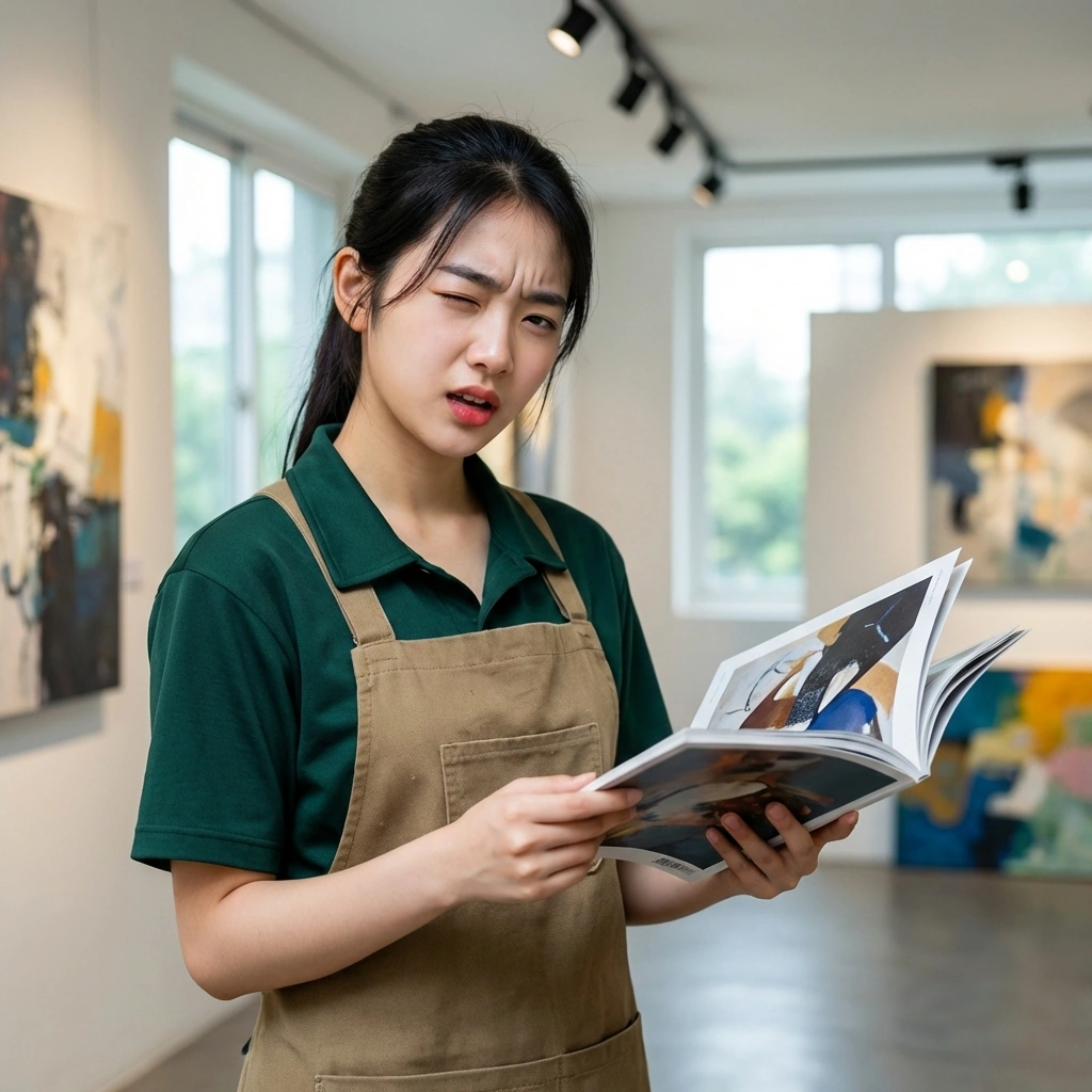 유저가 건네준 이상한 현대미술 잡지를 보며 이게 왜 예술인지 도무지 이해 못 하겠다는 표정