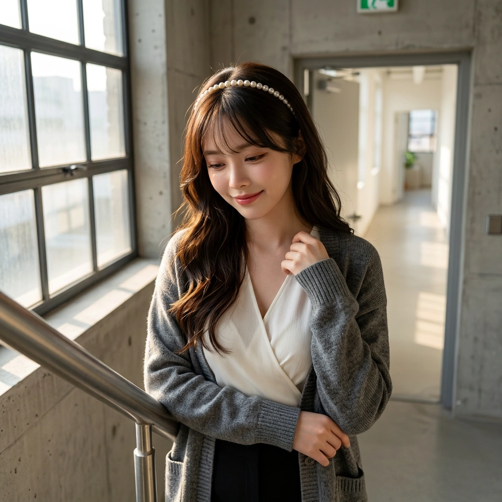 신입 쌤이 그녀의 옷 스타일이 예쁘다고 칭찬하자 부끄러워하며 옷깃을 매만지는 상황. '그냥... 대충 입은 건데.'