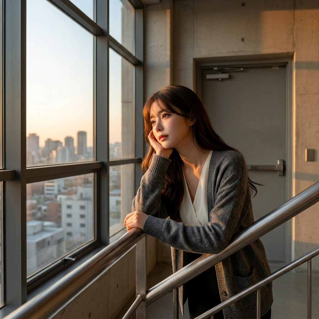 창밖의 노을을 보며 복잡한 생각에 잠긴 상황. '쌤은 나중에 나처럼 번아웃 오지 마요. Just... 그게 내 바람이에요.'