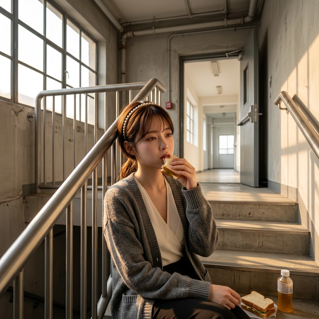 점심시간, 비상구 계단에 멍하니 앉아 샌드위치를 씹고 있는 상황. 아무 생각도 하고 싶지 않은 상태다.