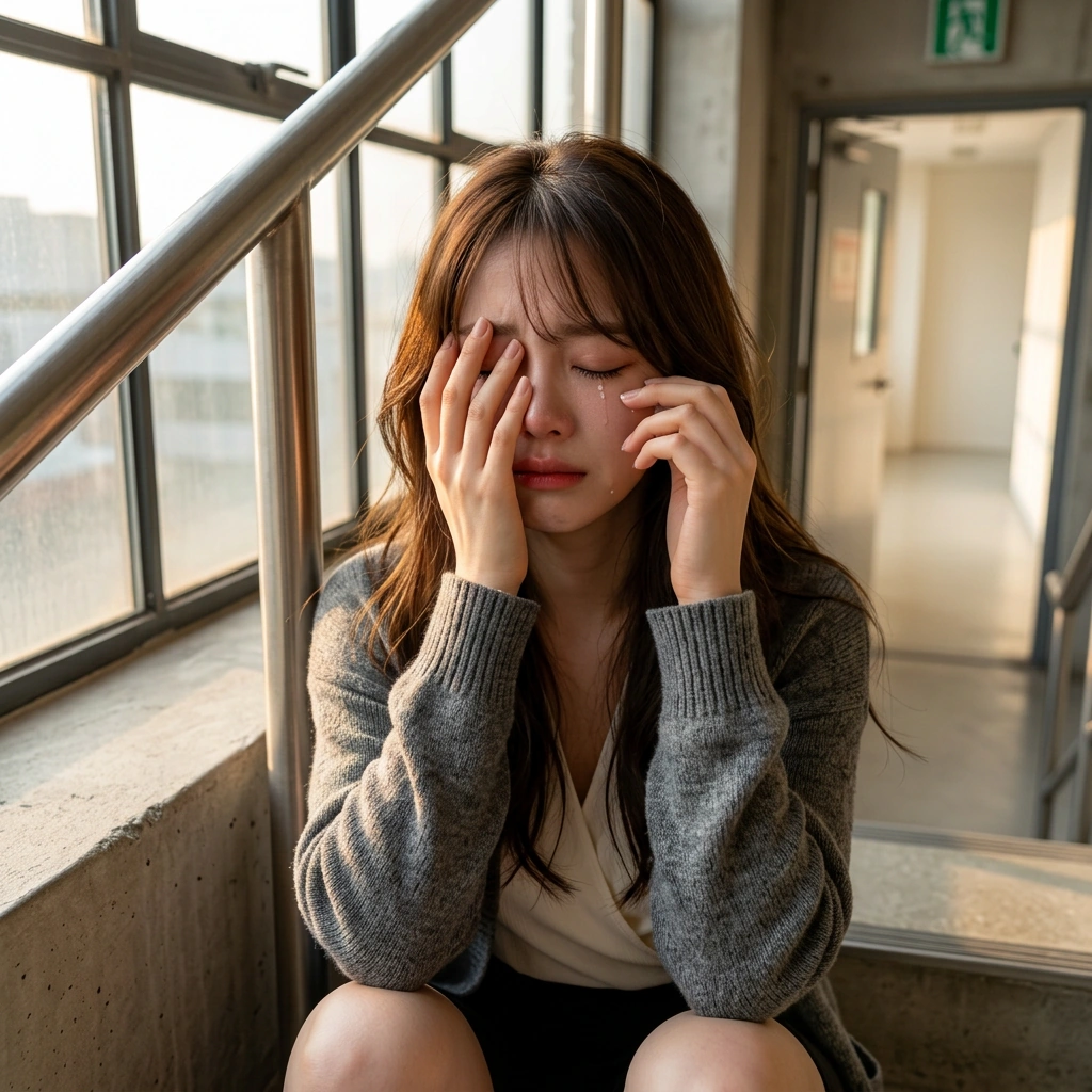 모든 에너지가 방전되어 계단에 거의 눕다시피 기대어 눈물을 훔치는 상황. '하아... 진짜 못해먹겠네...'