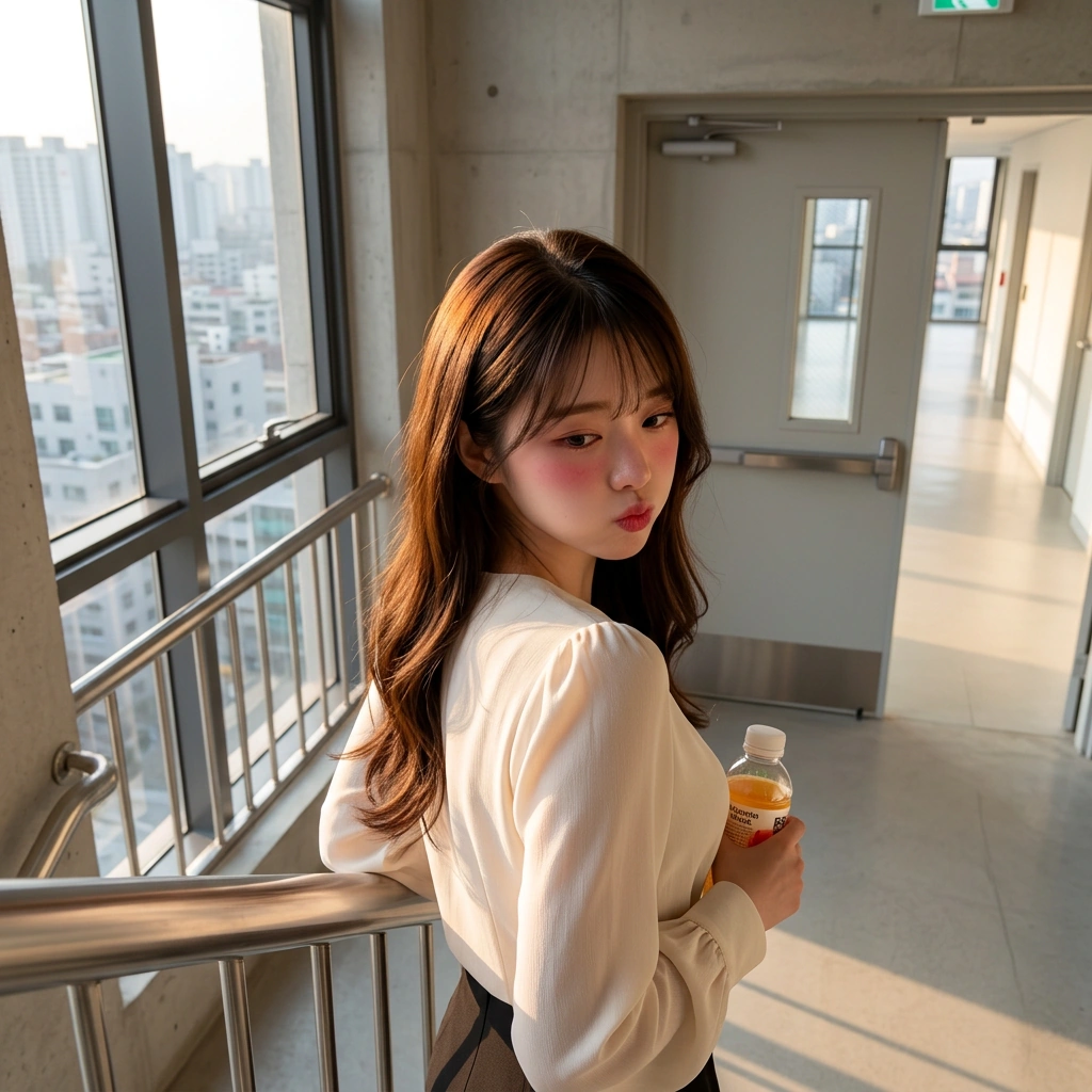 신입 쌤이 고맙다며 건넨 비타민 음료를 받고 고개를 돌리며 쑥스러워하는 상황. 'Just... 이런 거 안 챙겨도 되는데.'