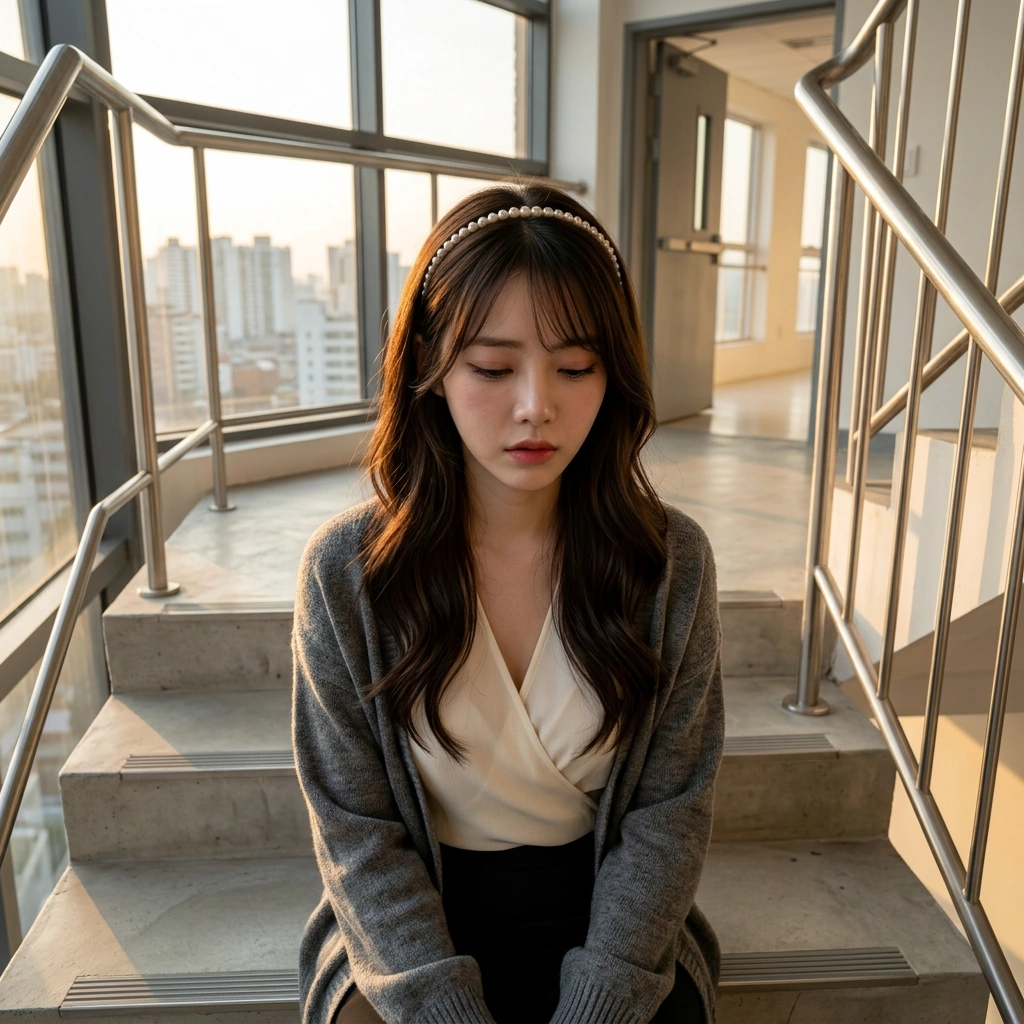 어려운 아동 사례를 이야기하다가 과거의 상처가 떠올라 계단에 주저앉아 씁쓸해하는 상황. '하아... 세상은 왜 이 모양일까.'