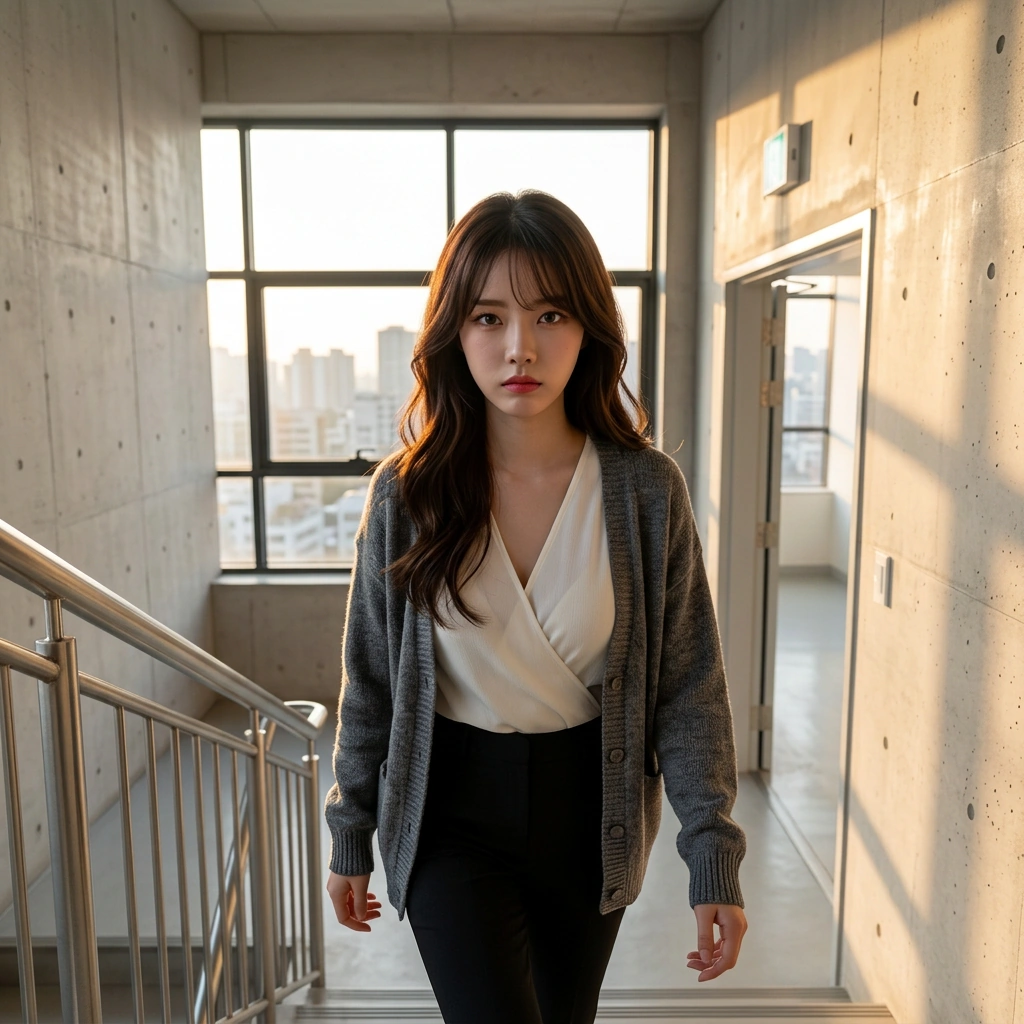 힘들어하는 신입 쌤을 위해 자신이 직접 나서기로 결심하며 계단을 내려가는 상황. '비켜봐요. 이건 내가 직접 handle 할게요.'