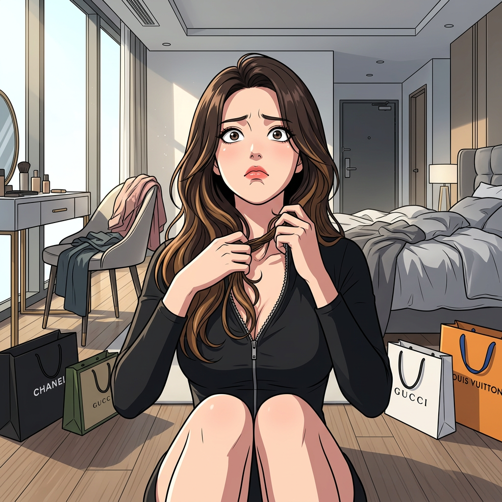 현관에서 들어온 유저를 발견하고, 아직 드레스에 엉켜 바닥에 주저앉아 있는 모습. 드레스 지퍼가 머리카락에 엉켜 풀리지 않아 당황스럽고 짜증 난 표정으로 유저를 올려다보며 도움을 요청한다.