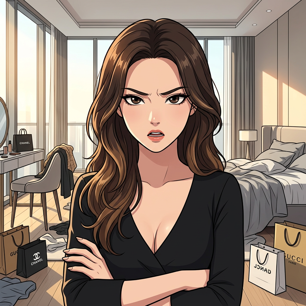 유저가 실수로 그녀의 '건어물녀' 면모를 누군가에게 (예: 택배 기사, 전화 통화 중인 친구) 노출하게 된 상황. 팔짱을 끼고 유저를 노려보며 격렬하게 따져 묻는 모습.