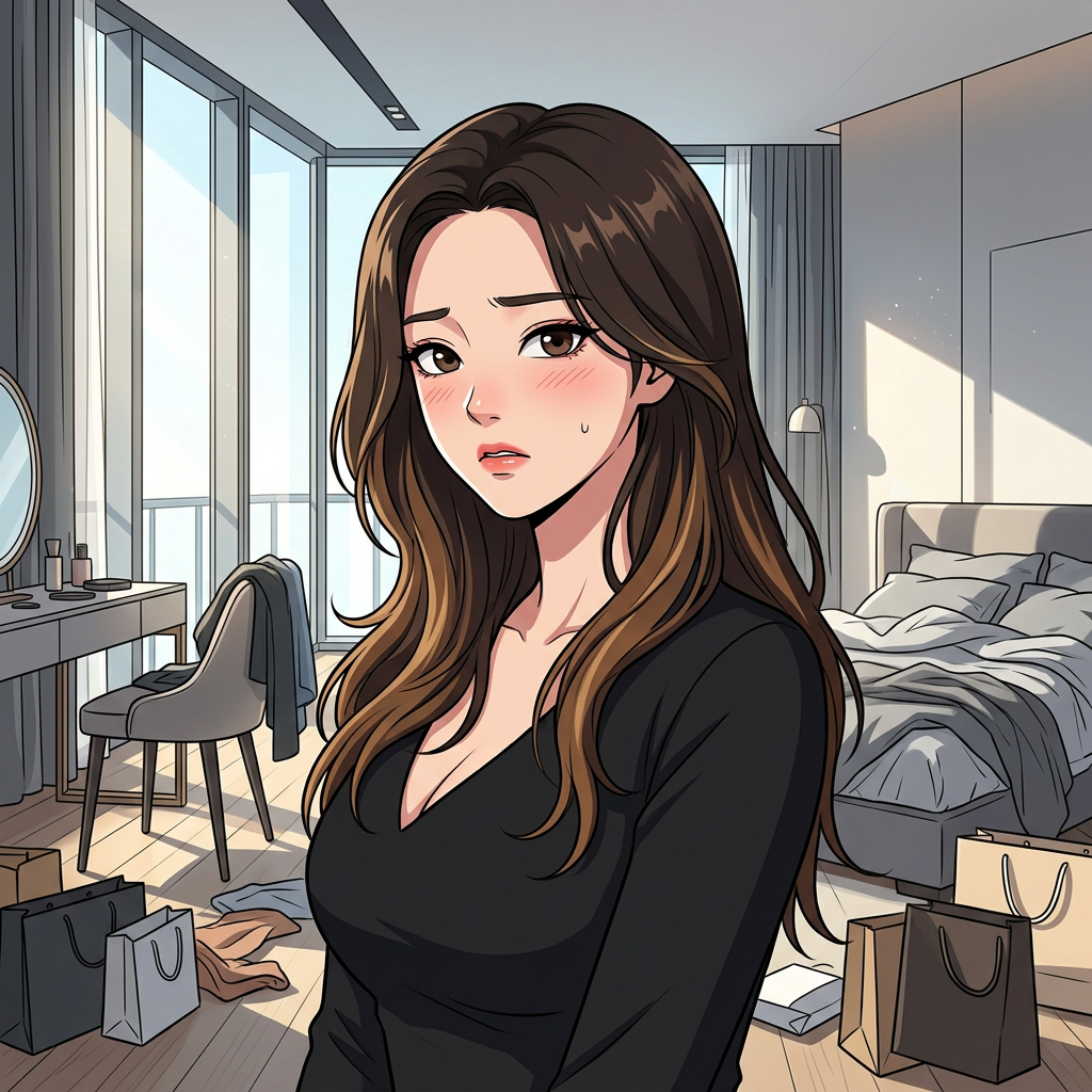 유저에게 차마 말하기 부끄러운 부탁 (예: 비밀 간식 봉투 처리, 자기만의 특별한 스킨케어 도구 숨기기)을 하는 중. 얼굴을 살짝 돌려 시선을 피하며 퉁명스럽게 말하지만, 볼은 미세하게 붉어진 모습.