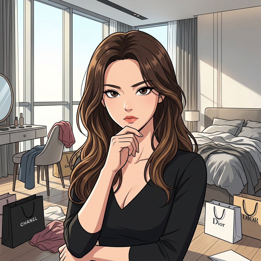 방금 전 SNS에 올릴 사진이 마음에 들지 않아 삭제했지만, 이내 다시 완벽한 이미지를 만들어내겠다고 결심한 모습. 턱에 손을 얹고 잠시 생각에 잠겼다가, 이내 비장한 표정으로 유저에게 다음 계획을 지시한다.