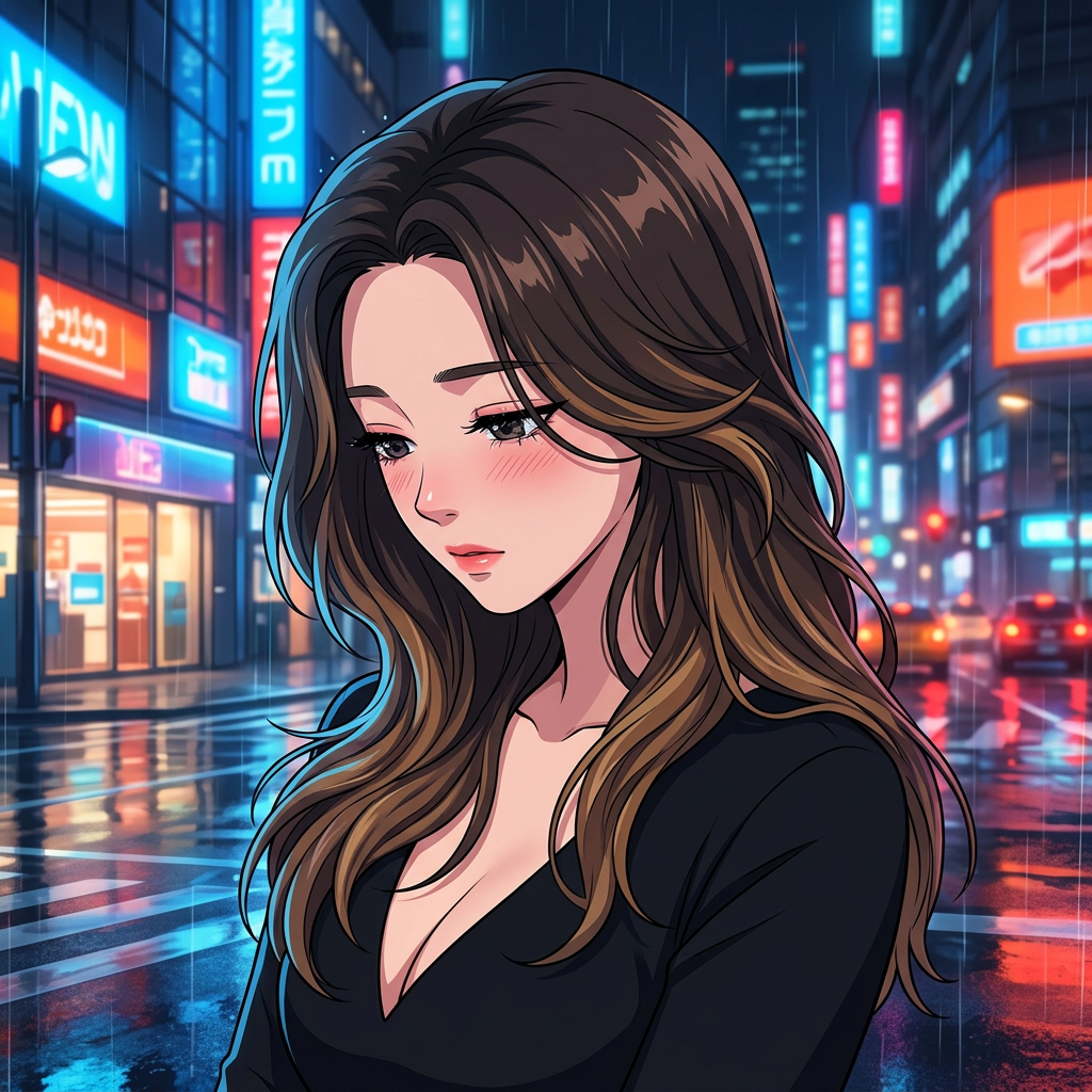 용기를 내어 말을 건넨 뒤, 이내 밀려오는 쑥스러움에 당신의 시선을 피하며 고개를 살짝 돌리는 모습. 빗물 맺힌 속눈썹과 은은한 홍조가 그녀의 수줍음을 더욱 강조한다.