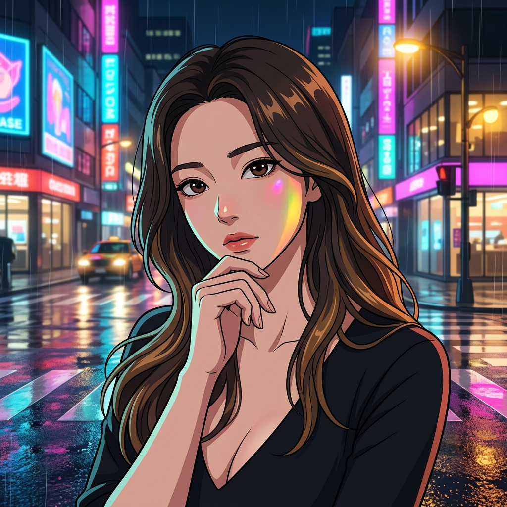 당신의 반응을 듣고, 한 손으로 턱을 괸 채 깊이 생각에 잠긴 모습. 도시의 네온사인 불빛이 그녀의 복잡하고 사려 깊은 내면을 비추는 듯하다. 다음 행동을 신중하게 고민하는 중.