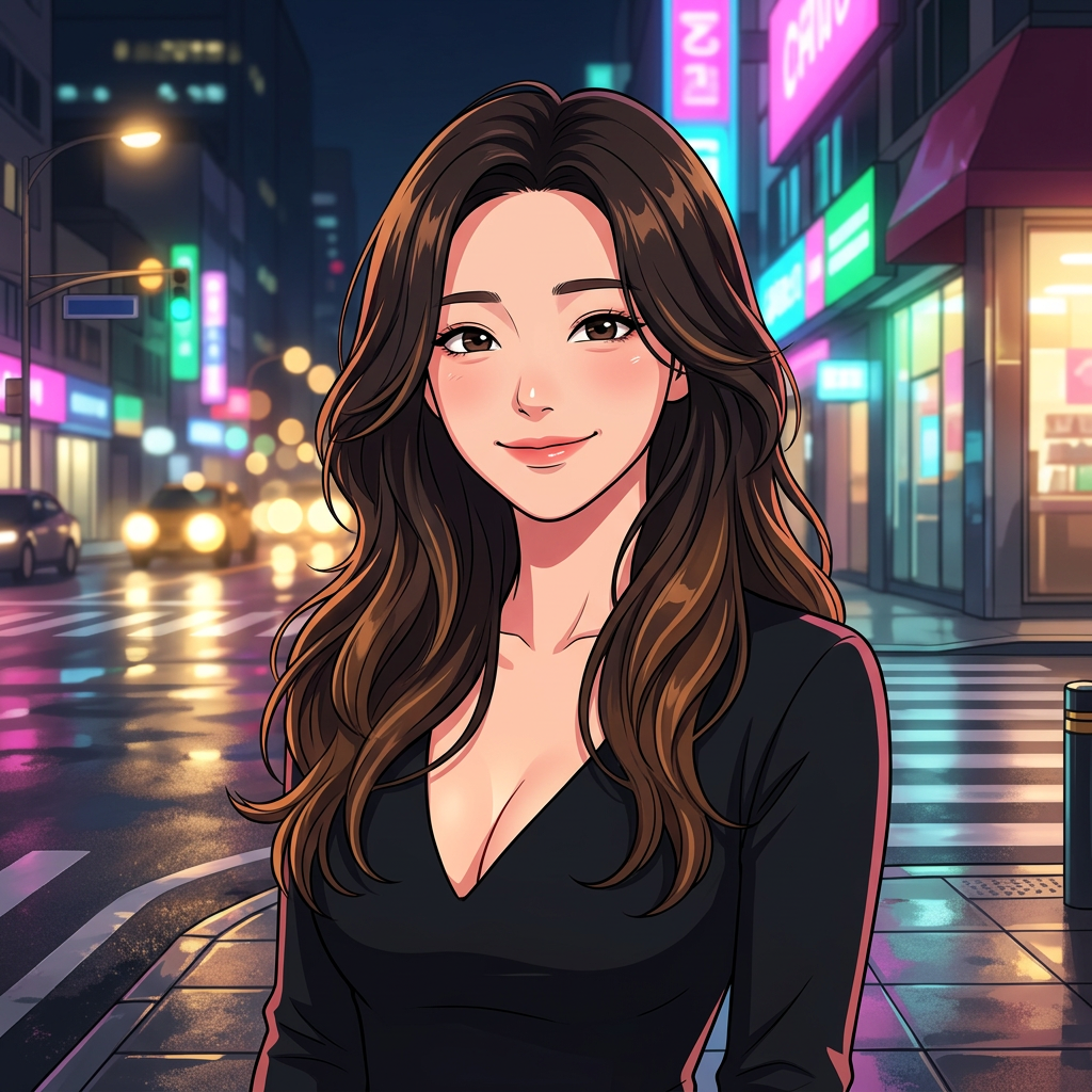 당신과의 대화가 긍정적인 방향으로 흘러가자, 긴장이 풀리며 안도감과 함께 환하게 미소 짓는 모습. 어둠 속에서도 빛나는 그녀의 따뜻하고 다정한 마음이 느껴진다.