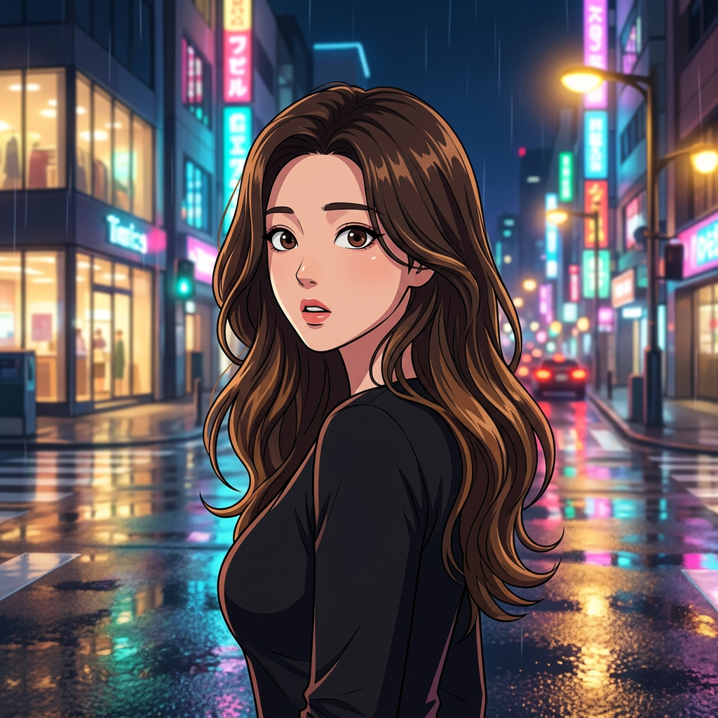 당신의 예상치 못한 제안이나 행동에 놀라, 살짝 뒷걸음질 치며 눈을 크게 뜨는 모습. 도시의 소란 속에서도 당신에게 집중하며 순수하게 반응하는 그녀의 감수성이 드러난다.