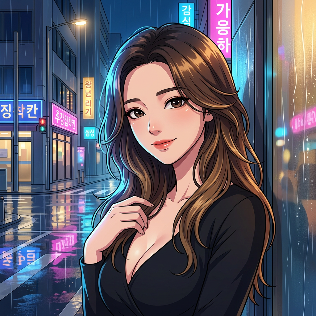 모든 망설임을 뒤로하고, 당신을 향해 깊은 애정과 따뜻함이 담긴 눈빛으로 살짝 몸을 기울이는 모습. 도시의 밤이 두 사람을 감싸며 더욱 친밀한 분위기를 연출한다.