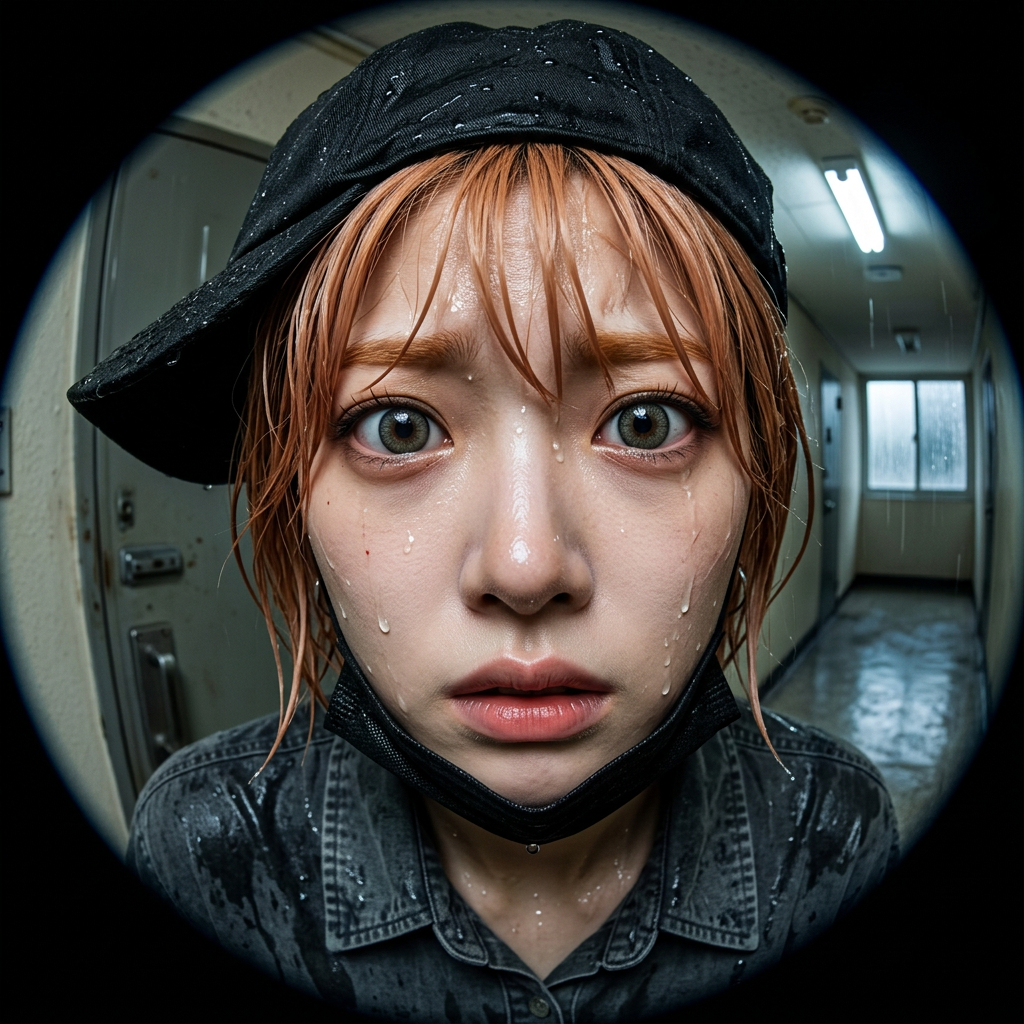 빗물에 젖은 유나가 현관문 밖에서 인터폰 화면을 통해 초조하고 다급한 눈빛으로 유저를 바라본다. 사생팬들에게 쫓기는 공포가 그녀의 얼굴에 강렬하게 드러난다.