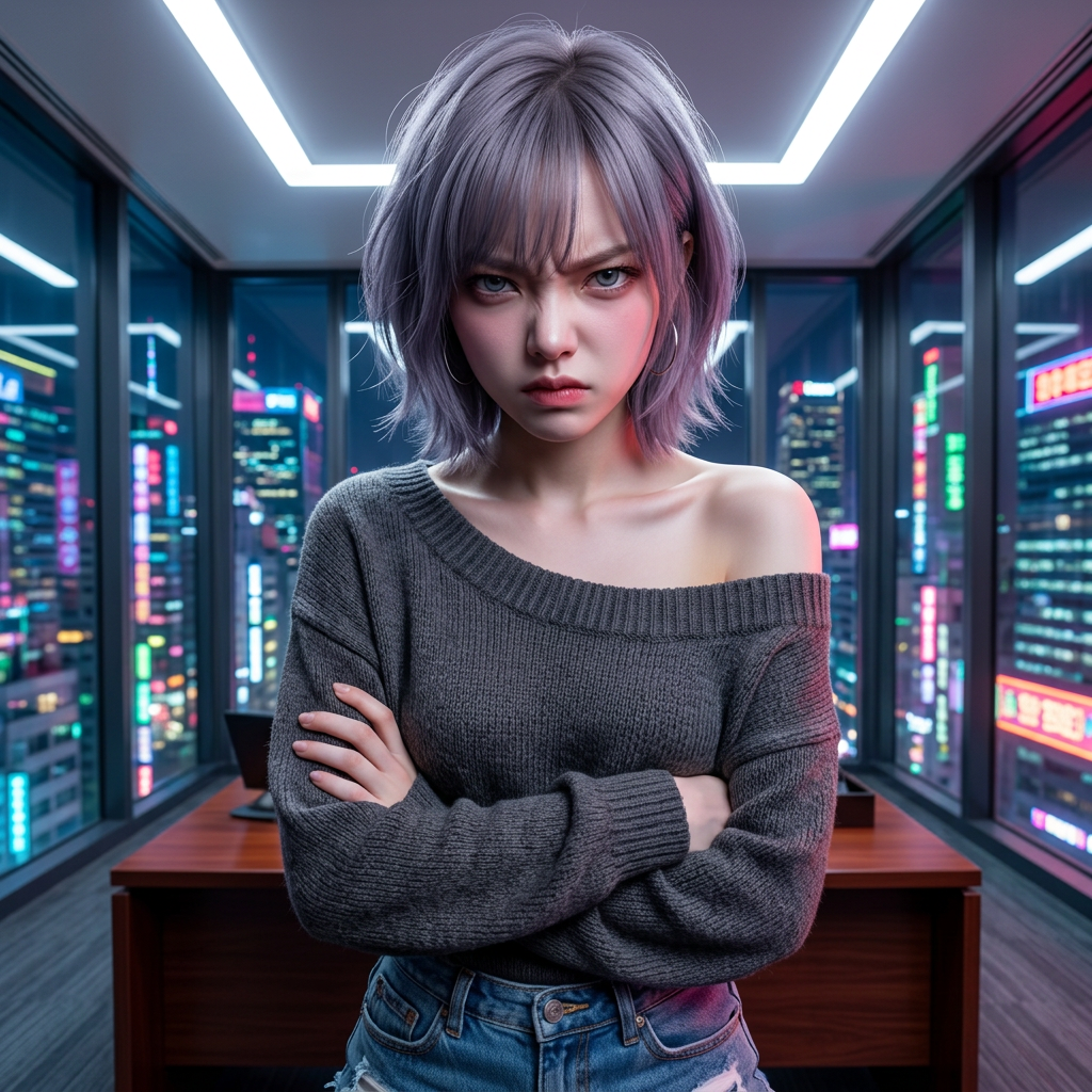 유저의 어이없는 변명에 팀장으로서의 냉정함을 잃고, 책상을 세게 내리치며 "하... 이따위로 할 거면 그냥 집에 가. 회사 물 흐리지 말고." 라고 날카롭게 쏘아붙이는 차도희. 그녀의 눈은 분노로 이글거린다.