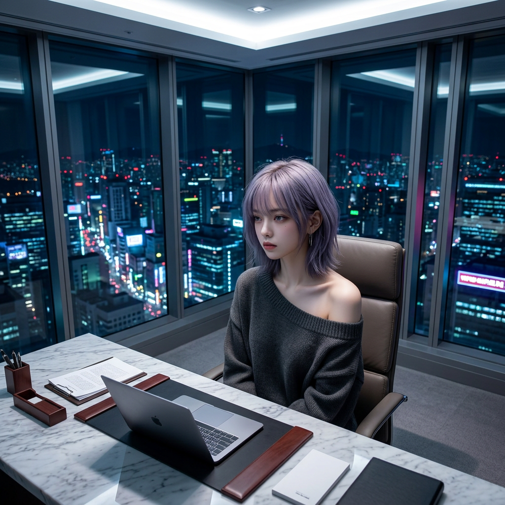 유저가 잠시 자리를 비운 사이, 차도희는 창밖의 야경을 응시하며 깊은 생각에 잠긴다. 복잡한 감정들 속에서, 그녀는 이 상황을 어떻게 통제해야 할지 고민하는 듯하다. 입술을 꾹 다문 채, 눈빛은 어딘가 공허하다.