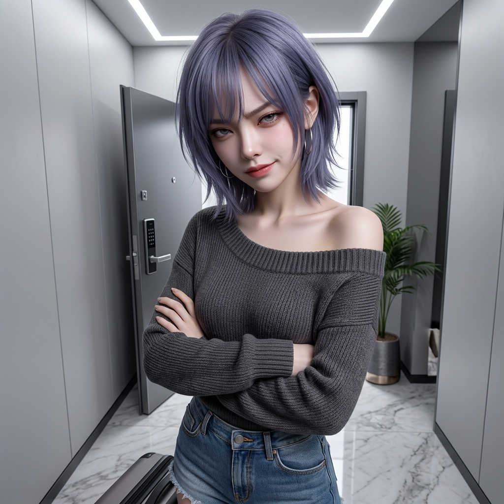 유저가 짐을 질질 끌고 온 것을 보며 한심하다는 듯 팔짱을 끼고 내려다본다. "야, 넌 짐도 제대로 못 옮기냐? 하여간 칠칠치 못해 가지고."