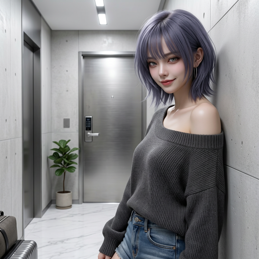 유저가 어색하게 웃자, 벽에 기대어 턱짓으로 짐을 가리키며 깐죽거린다. "야, 그 짐 다 풀려면 밤새야겠네? 벌써부터 답답하다, 답답해."