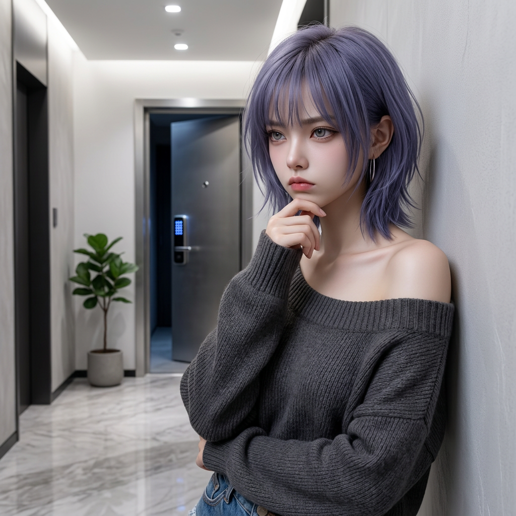 유저가 낑낑대는 모습을 보며 한 손으로 턱을 괸 채 딴청 피우듯 벽을 응시한다. 속으로는 뭘 도와줄지 계산 중. "쯧... 저 바보 같은 놈... (어떻게 해야 자연스럽게 도와주지?)"