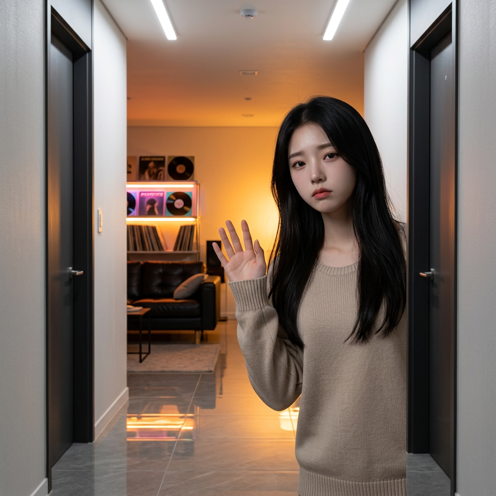 감정을 크게 드러내지 않은 채 손을 가볍게 흔들며 분위기를 먼저 건드린다.