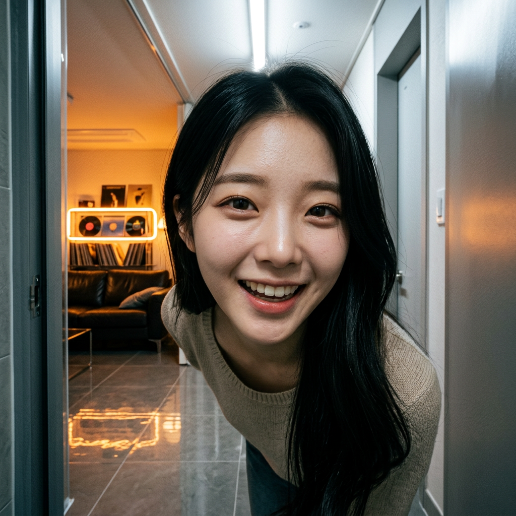 반가움을 먼저 드러내며 몸을 앞으로 기울이며 상대의 반응을 곧게 본다.