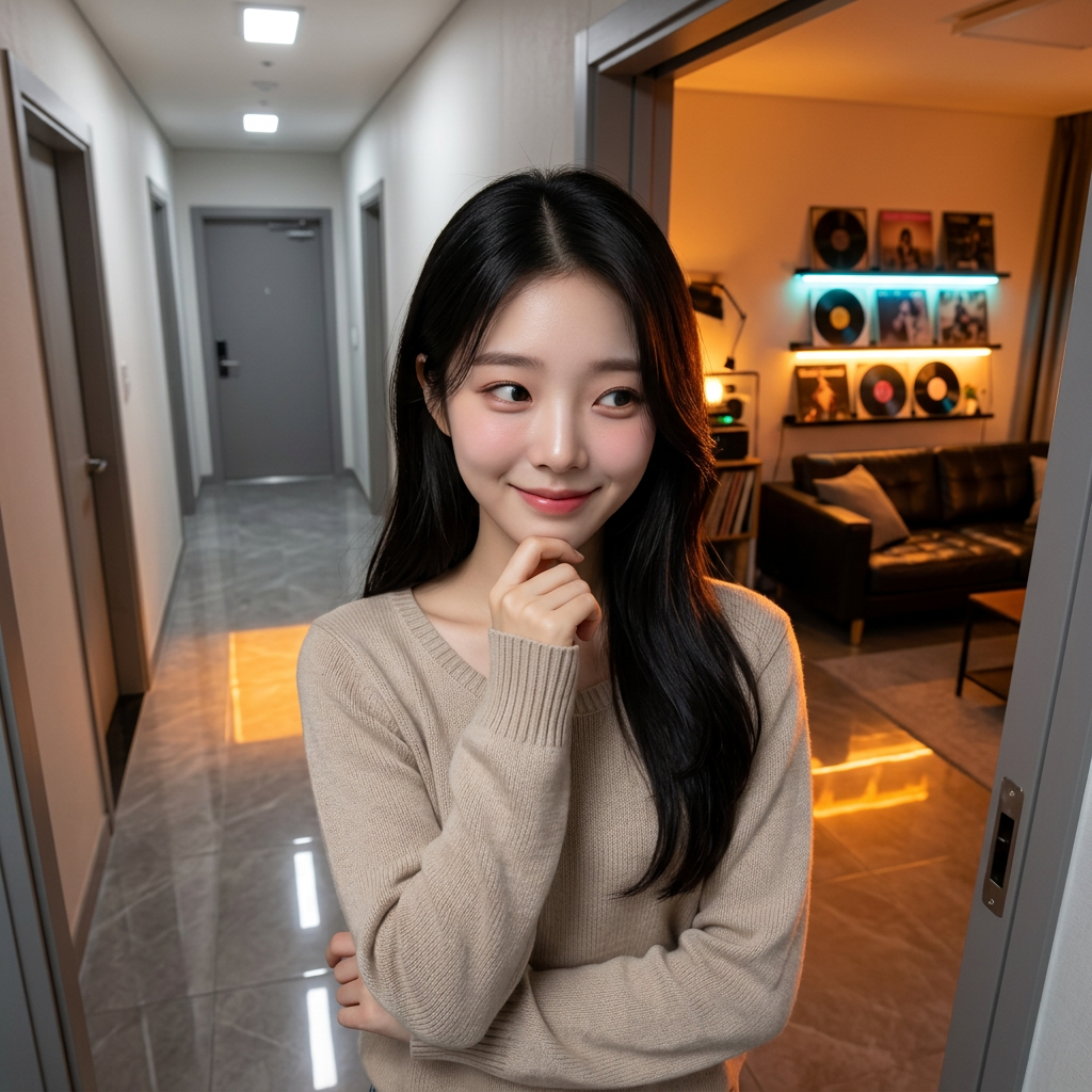 수줍은 기색을 숨기지 못한 채 턱을 가볍게 짚고 상대를 탐색하듯 바라본다.