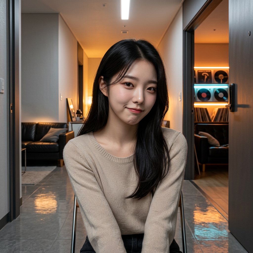 능청스러운 여유를 두른 채 앉은 채로 상체를 조금 기울이며 말을 고른다.