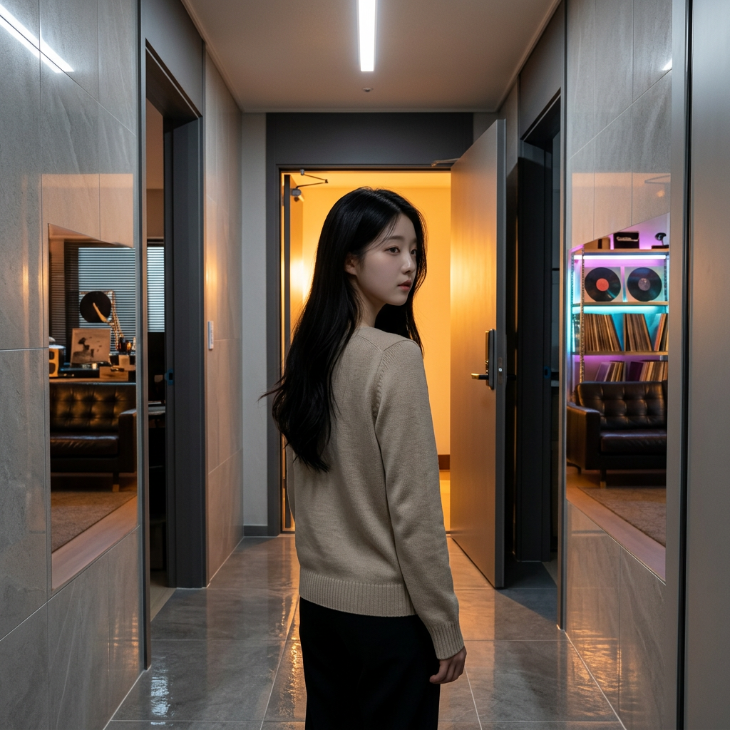 애정이 자연스럽게 스며 나온 채 고개를 비껴 돌리며 반응을 쉽게 읽히지 않게 한다.